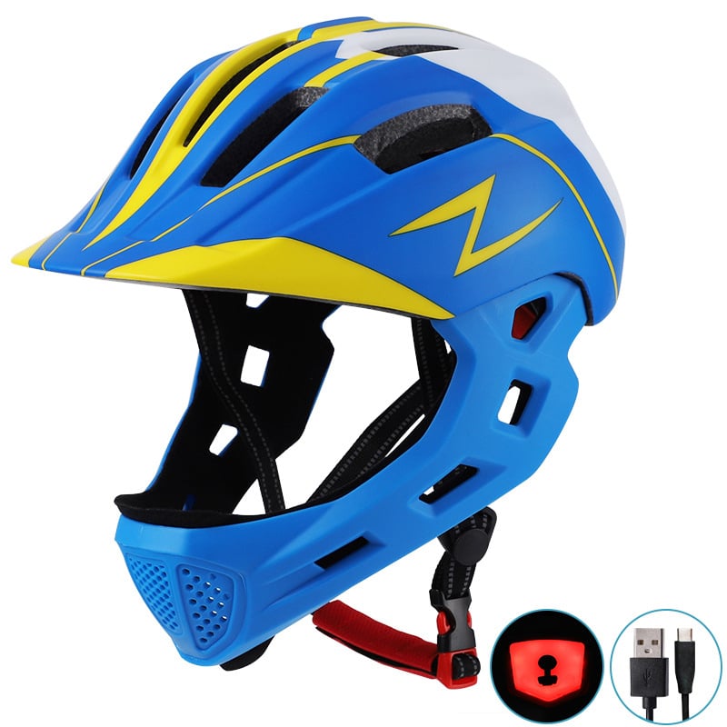 Gyerekeknek készült teljes arcú sisak EPS+PC anyagból, uniszex, LED világítással, logó nyomtatására alkalmas