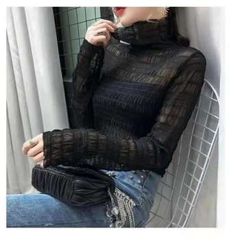 Čipkasti top s izvezenim detaljima, stojeći ovratnik, dugi rukav, slobodan kroj, jednobojni uzorak