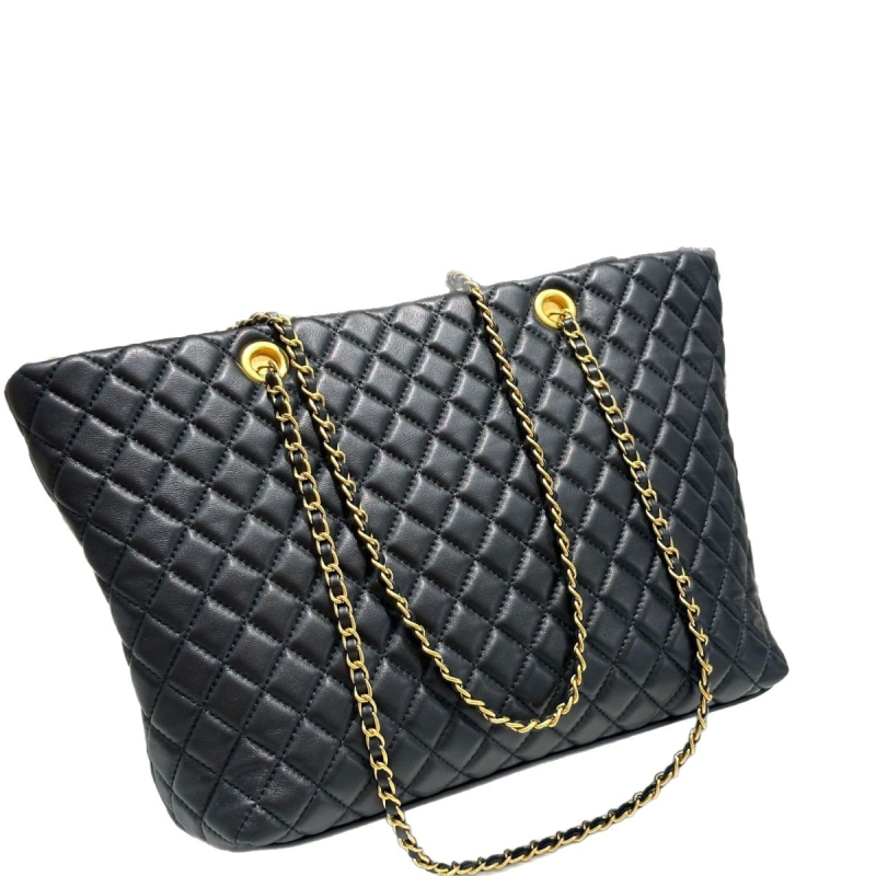 Geantă de cumpărături din piele de miel, model romb, curea de umăr cu lanț, fermoar, căptușeală din pânză