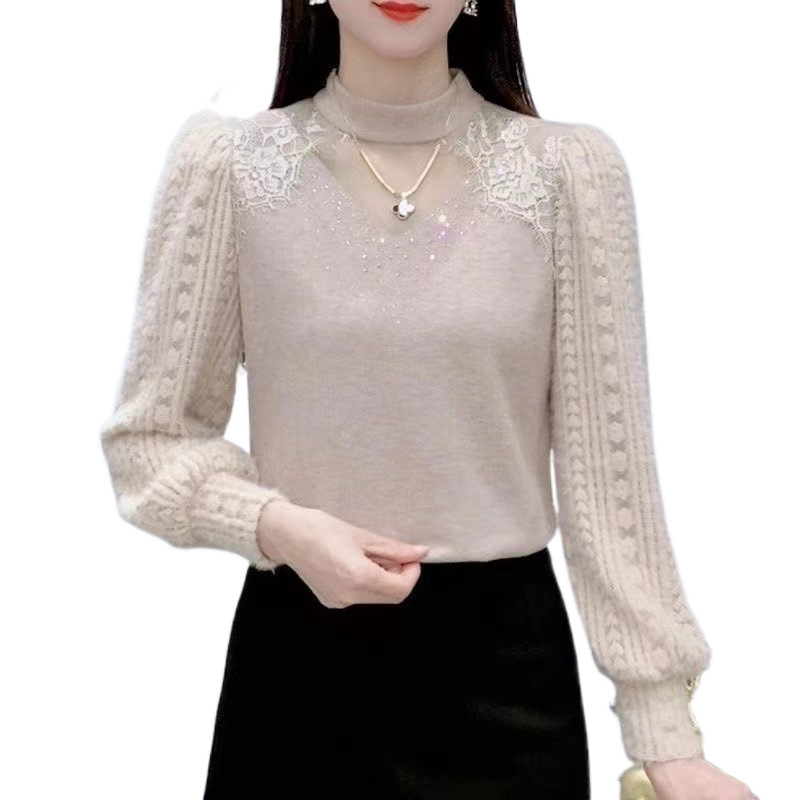 Čipkasti top s visokim ovratnikom i dugim rukavima, poliester tkanina, regularni kroj