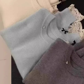 Korejski stil čipkasto pleteni pulover, slobodan kroj, dugi rukavi, okrugli ovratnik, viskozni vlakno smjesa 50–70%, srednja debljina