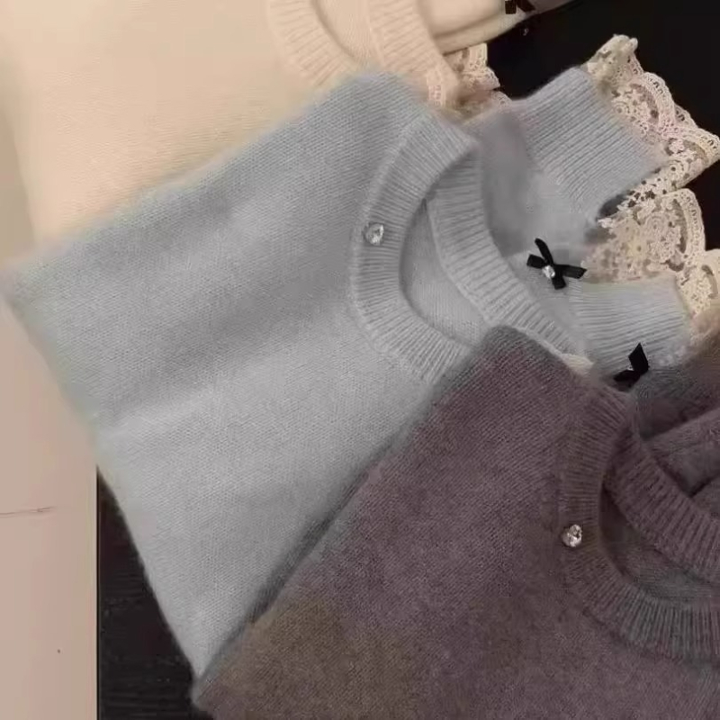 Korejski stil čipkasto pleteni pulover, slobodan kroj, dugi rukavi, okrugli ovratnik, viskozni vlakno smjesa 50–70%, srednja debljina
