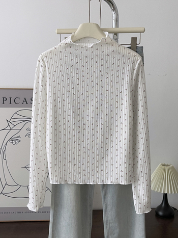 Tricou tricotat pentru femei cu model floral și patchwork dantelat, guler înalt, mâneci lungi, croială Slim