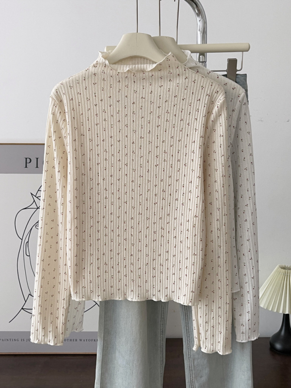 Tricou tricotat pentru femei cu model floral și patchwork dantelat, guler înalt, mâneci lungi, croială Slim