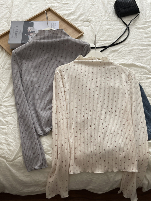 Tricou tricotat pentru femei cu model floral și patchwork dantelat, guler înalt, mâneci lungi, croială Slim