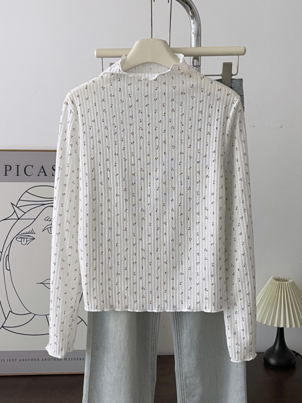 Tricou tricotat pentru femei cu model floral și patchwork dantelat, guler înalt, mâneci lungi, croială Slim