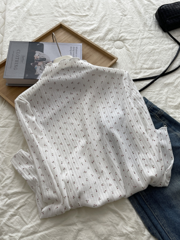 Tricou tricotat pentru femei cu model floral și patchwork dantelat, guler înalt, mâneci lungi, croială Slim