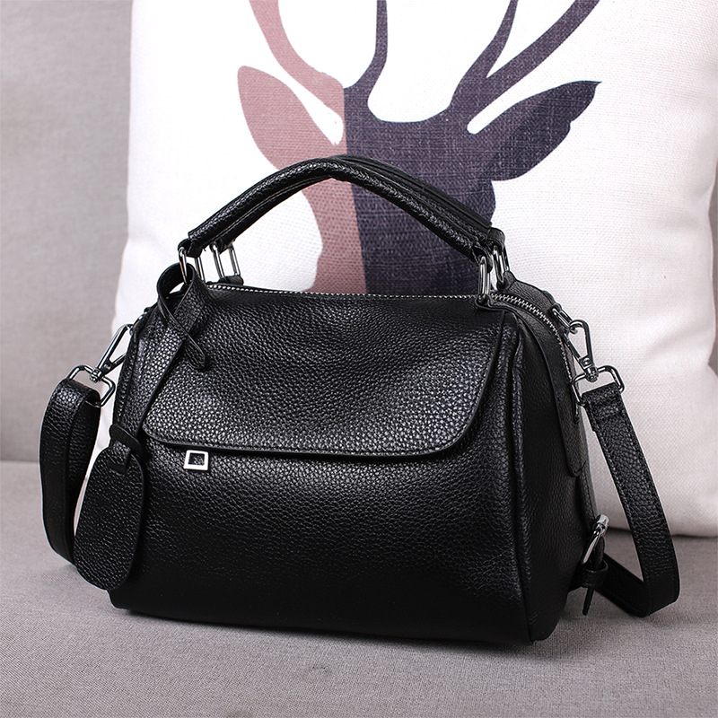 Geantă Boston din piele naturală, formă de pernă, strat superior de piele de vită, fermoar