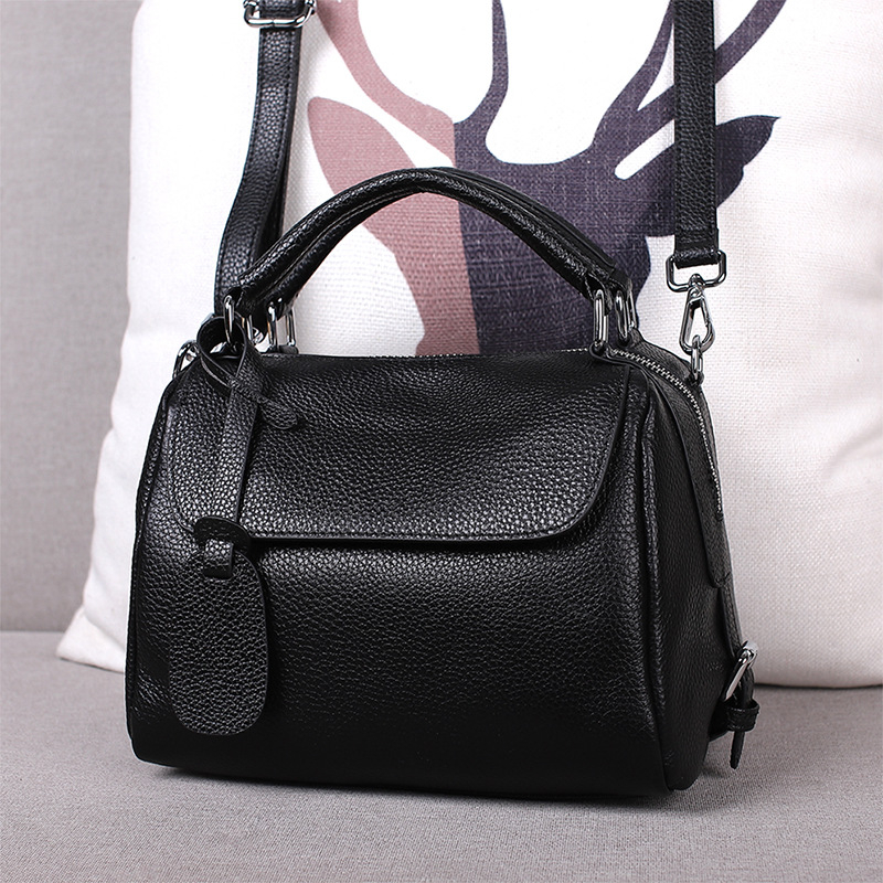 Geantă Boston din piele naturală, formă de pernă, strat superior de piele de vită, fermoar