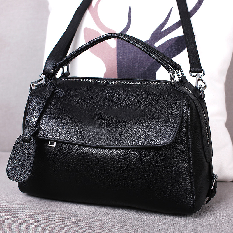 Geantă Boston din piele naturală, formă de pernă, strat superior de piele de vită, fermoar