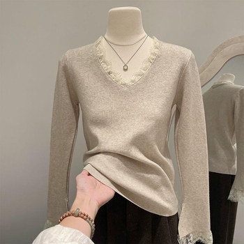 Pulover tricotat cu decolteu în V, mâneci lungi, mânecă tip prințesă, amestec viscose-poliester 79/21