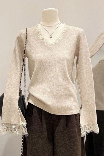 Pulover tricotat cu decolteu în V, mâneci lungi, mânecă tip prințesă, amestec viscose-poliester 79/21