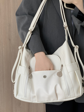 Geantă PU Tote, formă vertical pătrată, închidere cu fermoar, buzunar interior cu fermoar, stil street.