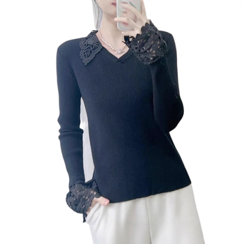 Cardigan tricotat cu decolteu în V, inserții din dantelă, material poliester, croială dreaptă, mâneci lungi