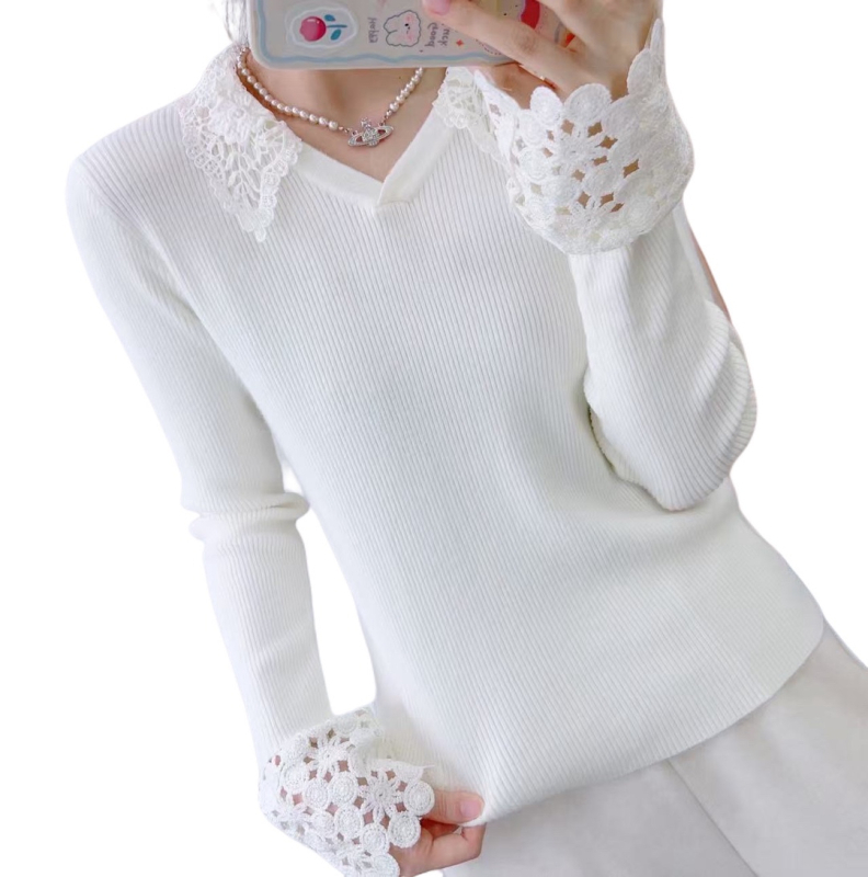 Cardigan tricotat cu decolteu în V, inserții din dantelă, material poliester, croială dreaptă, mâneci lungi