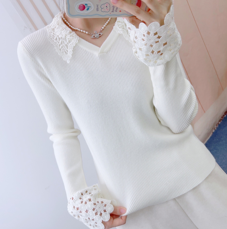 Cardigan tricotat cu decolteu în V, inserții din dantelă, material poliester, croială dreaptă, mâneci lungi