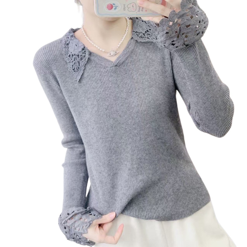 Cardigan tricotat cu decolteu în V, inserții din dantelă, material poliester, croială dreaptă, mâneci lungi