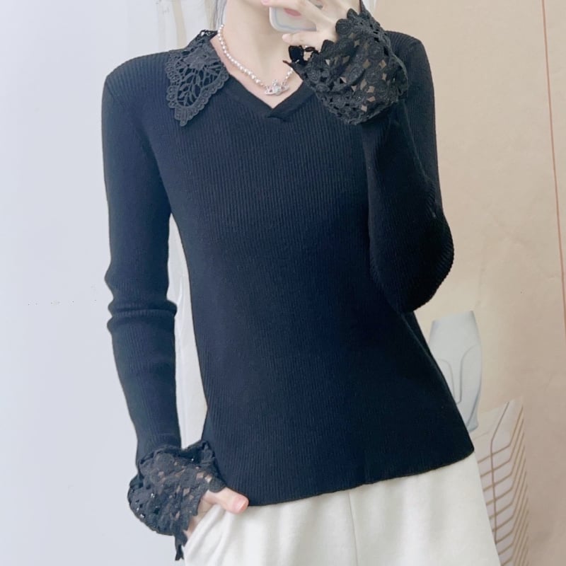 Cardigan tricotat cu decolteu în V, inserții din dantelă, material poliester, croială dreaptă, mâneci lungi