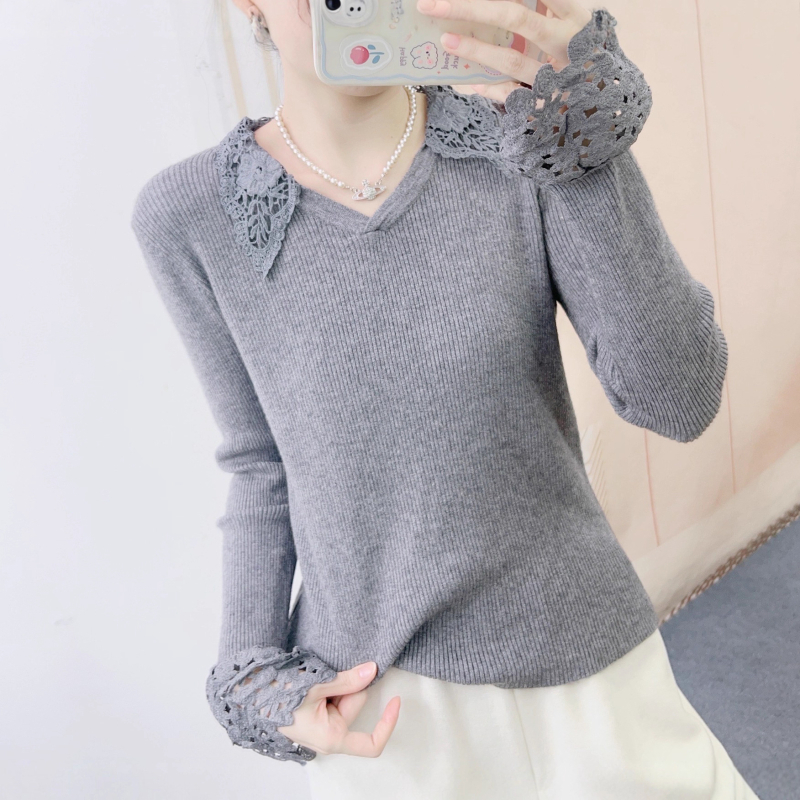 Cardigan tricotat cu decolteu în V, inserții din dantelă, material poliester, croială dreaptă, mâneci lungi