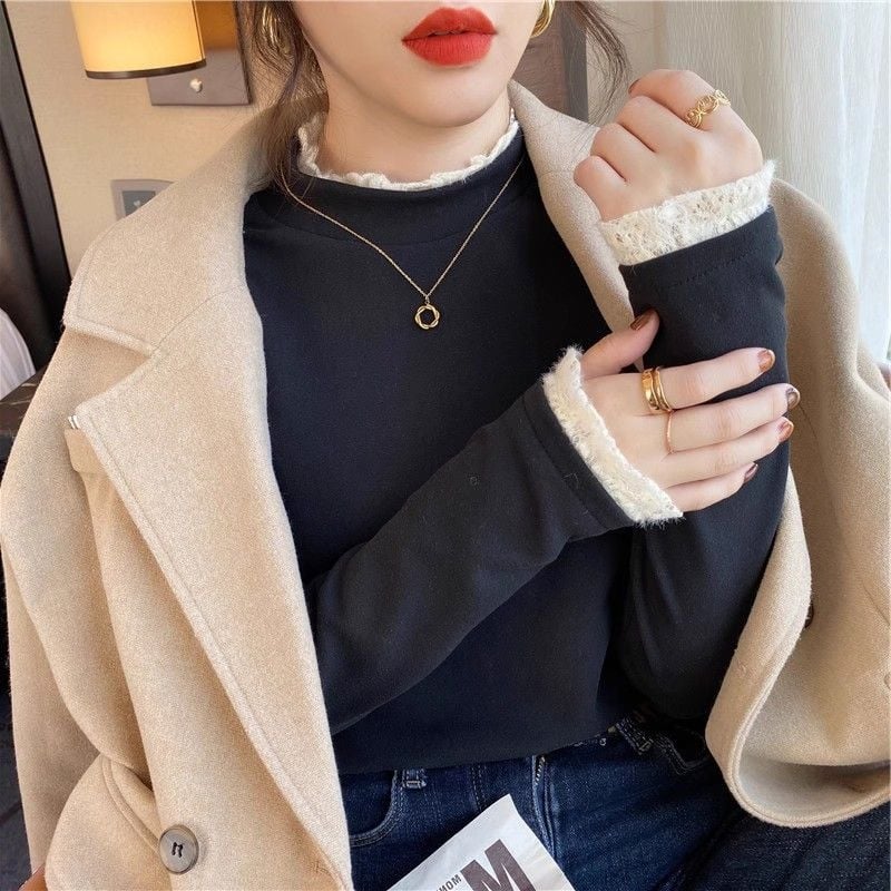 Tricou din poliester cu fleece-brushed, guler rotund, mâneci lungi, croială slim