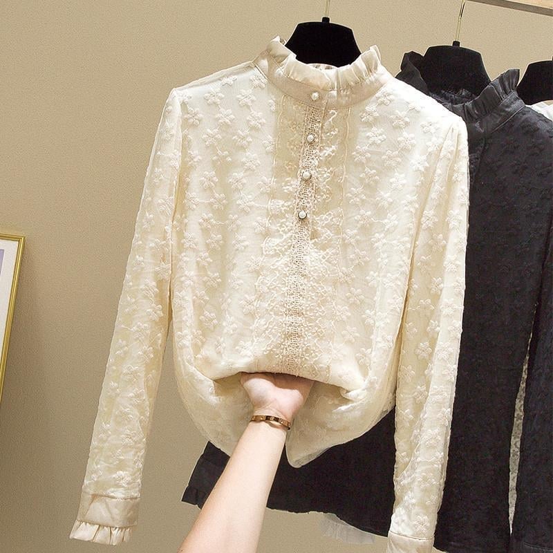 Ženska čipkasta bluza sa stojećim ovratnikom, mrežastim vezom, dugi rukavi, uski kroj, acetatna vlakna