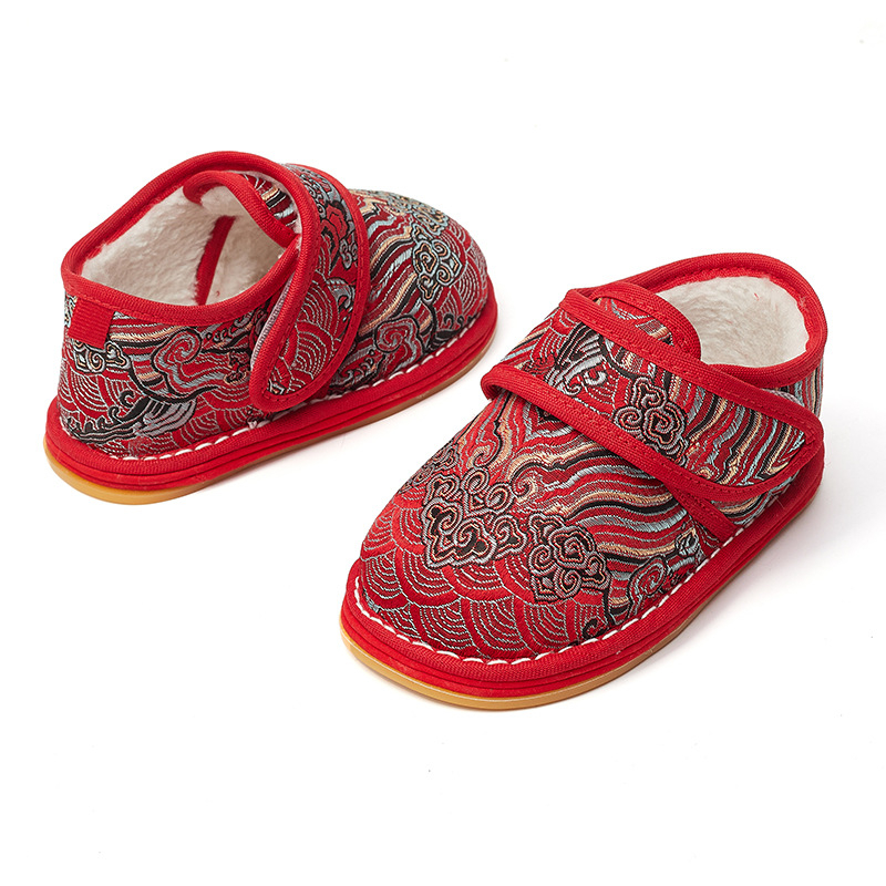 Tradicionalne platnene cipelice za bebe 1–3 godine, s Velcro kopčom, vrh od brokata, potplat s više slojeva od platna i gume, nacionalni stil