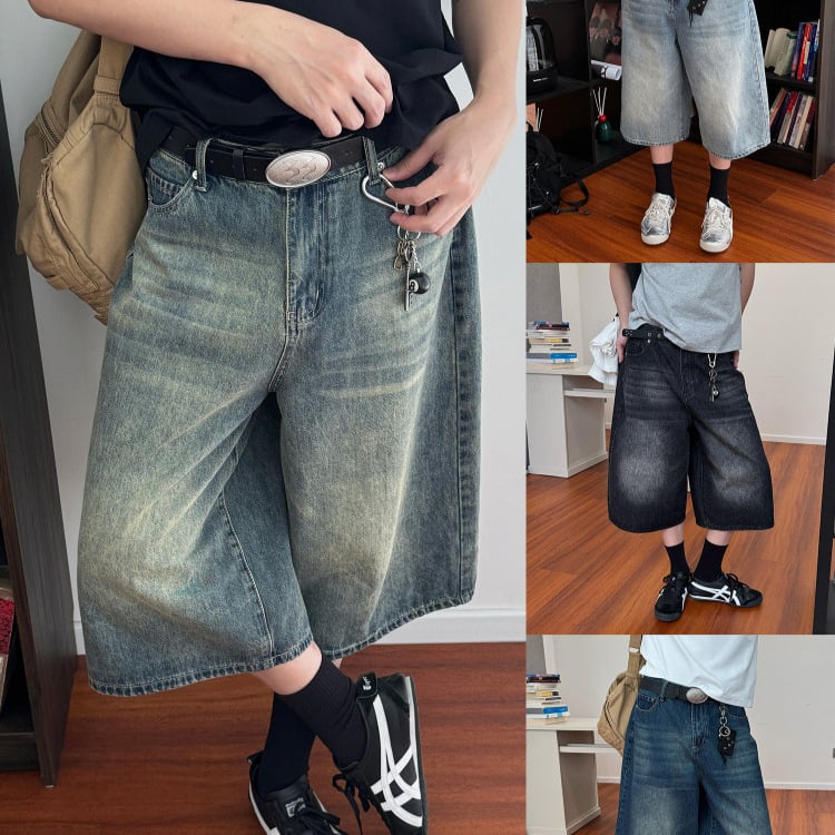 Short de denim distressed, talie medie, croială dreaptă, lungime Capri, fermoar