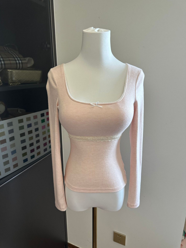 Uski top s čipkom, dugi rukavi, četvrtasti izrez, s izvadivim umetkom za poprsje – Spandex
