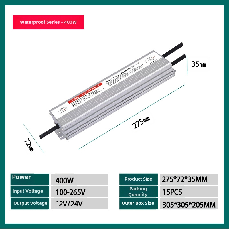 Vízálló kapcsolóüzemű tápegység 24V 400W, IP68, magas PF, széles bemeneti tartomány, 95% hatékonyság