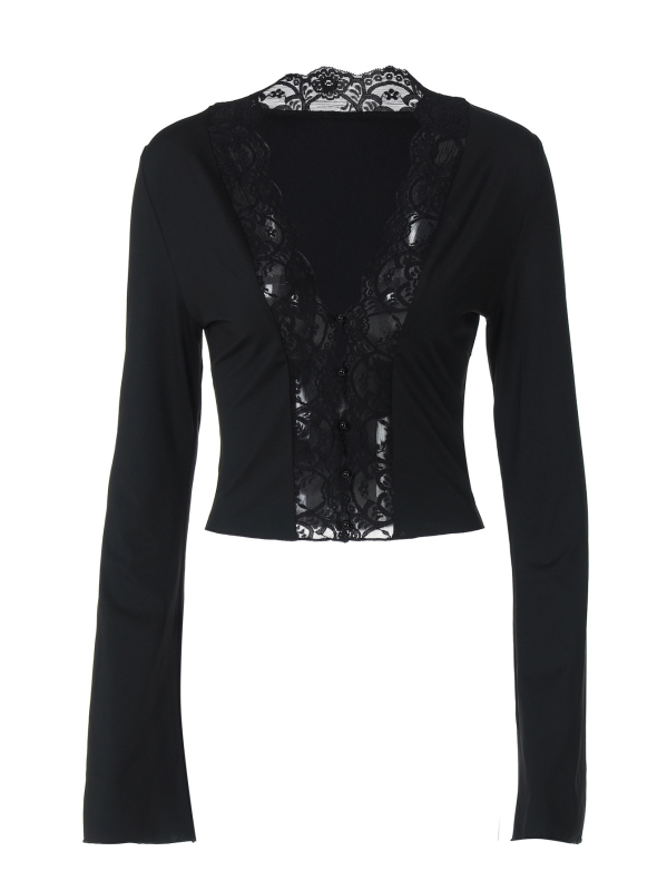 Cardigan din Milk Silk, jacquard cu patchwork dantelat, guler în V, mâneci lungi