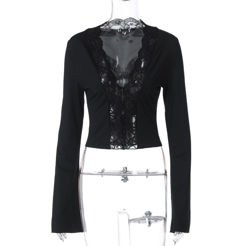 Cardigan din Milk Silk, jacquard cu patchwork dantelat, guler în V, mâneci lungi