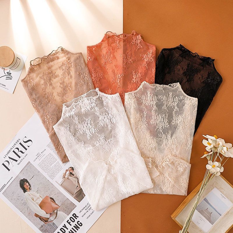 Ženski top s čipkom i mrežom, dugi rukav, polvi visoka ovratnica, poliester 80-90%, pulover stil, proljeće 2024