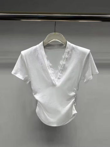 Ženska pamučna T-majica s V izrezom, slim fit, kratki rukavi, jednobojna