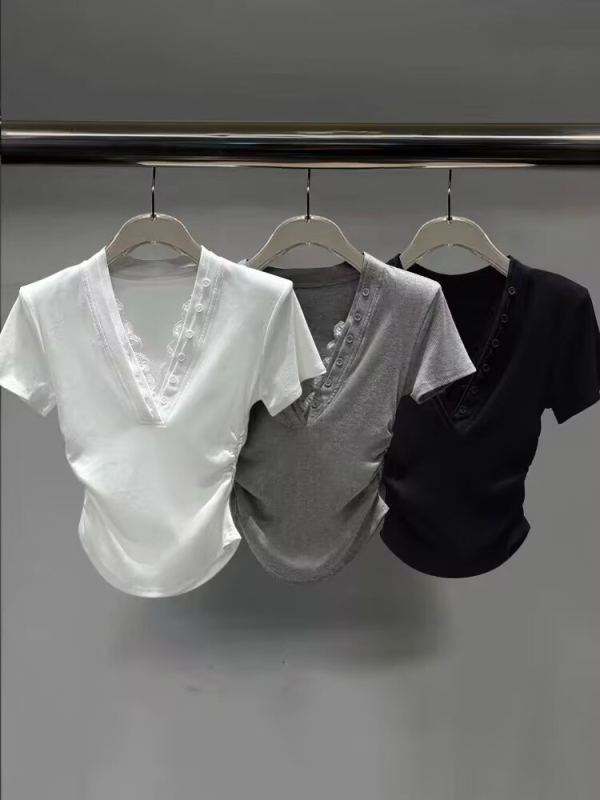 Ženska pamučna T-majica s V izrezom, slim fit, kratki rukavi, jednobojna