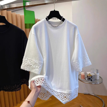 Ženska majica s čipkastim šavom, kratki rukavi, japanski stil, uski kroj, poliester