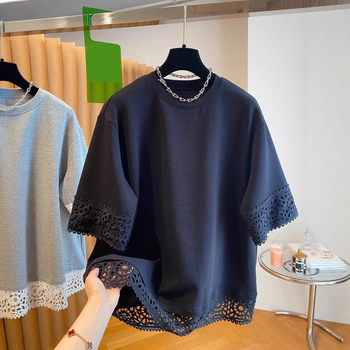 Ženska majica s čipkastim šavom, kratki rukavi, japanski stil, uski kroj, poliester