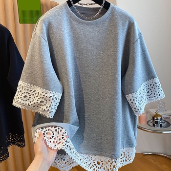 Ženska majica s čipkastim šavom, kratki rukavi, japanski stil, uski kroj, poliester