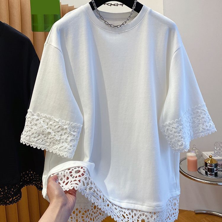 Ženska majica s čipkastim šavom, kratki rukavi, japanski stil, uski kroj, poliester
