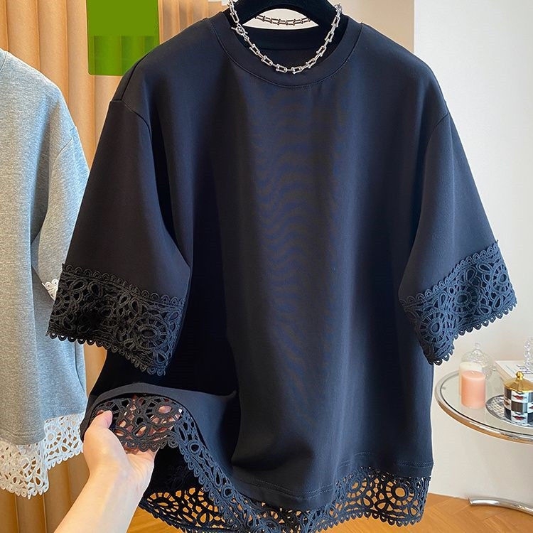 Ženska majica s čipkastim šavom, kratki rukavi, japanski stil, uski kroj, poliester