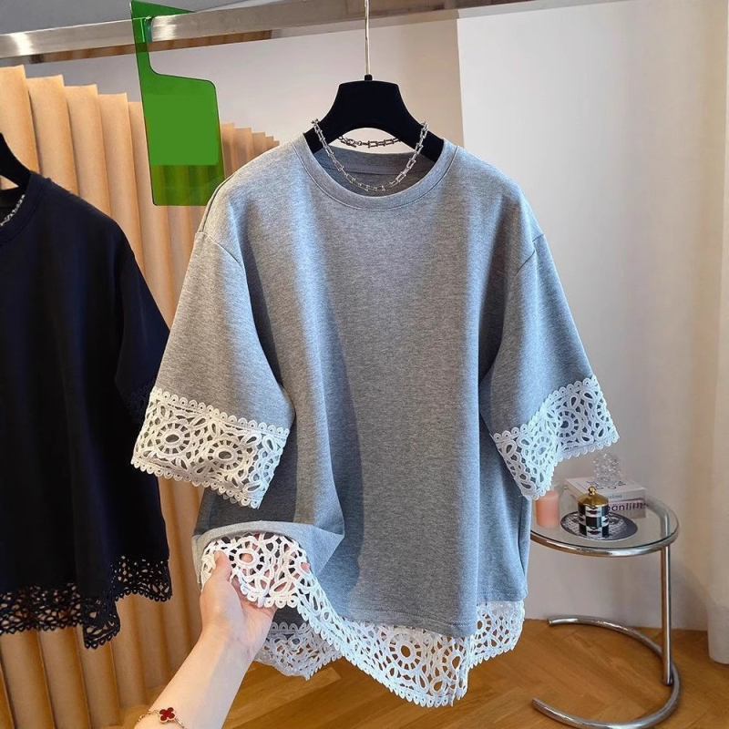 Ženska majica s čipkastim šavom, kratki rukavi, japanski stil, uski kroj, poliester