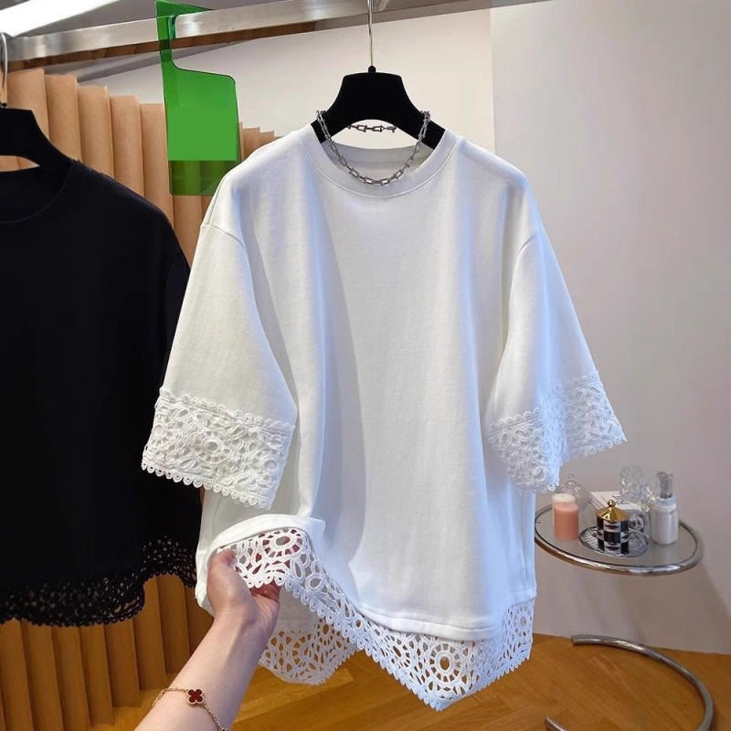 Ženska majica s čipkastim šavom, kratki rukavi, japanski stil, uski kroj, poliester