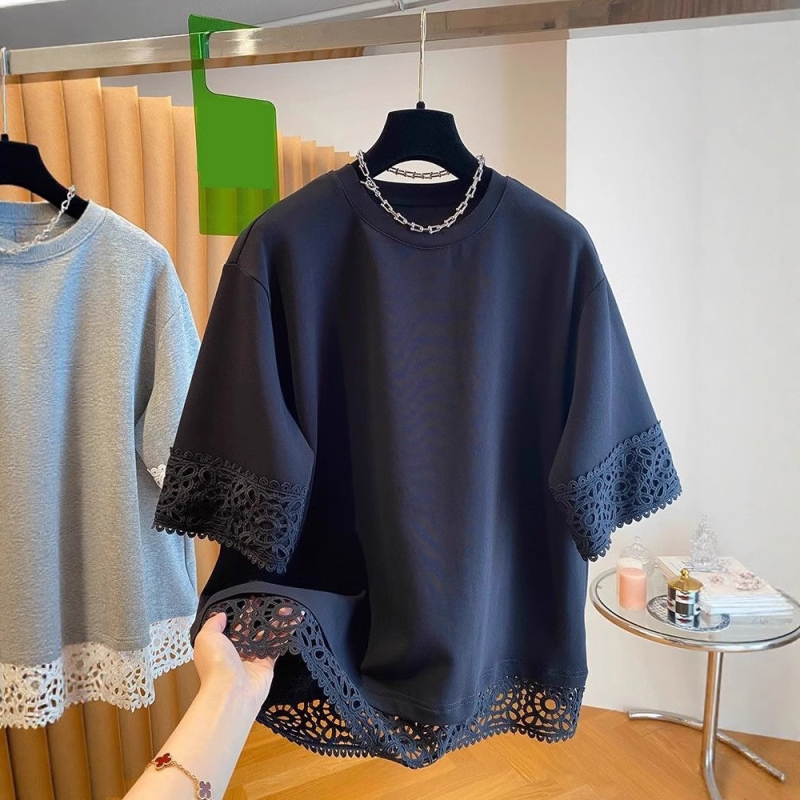 Ženska majica s čipkastim šavom, kratki rukavi, japanski stil, uski kroj, poliester