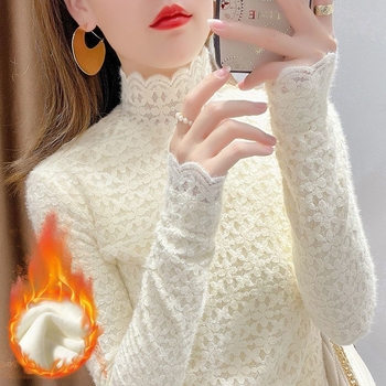 Ženska čipkasta baza bluza s flis podstavom, visoki ovratnik, dugi rukavi, pulover stil