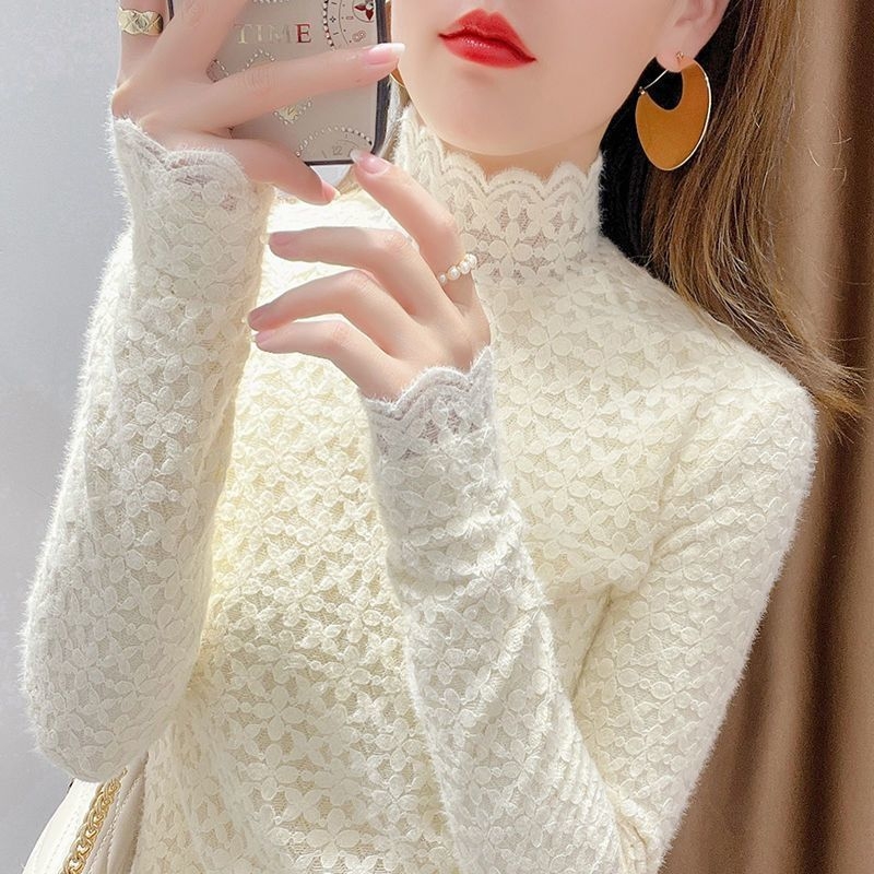 Ženska čipkasta baza bluza s flis podstavom, visoki ovratnik, dugi rukavi, pulover stil