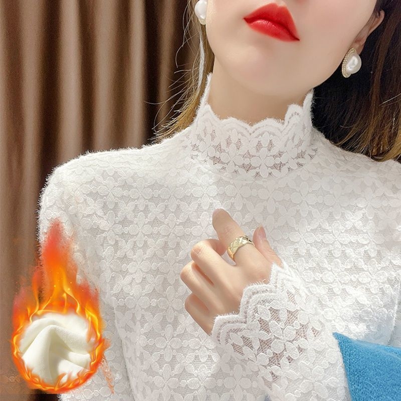 Ženska čipkasta baza bluza s flis podstavom, visoki ovratnik, dugi rukavi, pulover stil