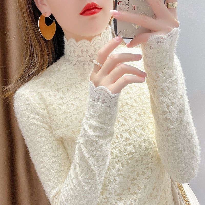 Ženska čipkasta baza bluza s flis podstavom, visoki ovratnik, dugi rukavi, pulover stil