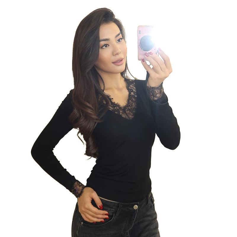 Poliester crop top s V-izrezom, čipka i patchwork, dugi rukav, uski kroj