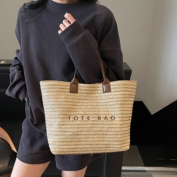Torba tote od slame s izvezenim slovima, gradski minimalistički stil (materijal: slama; vodoravni kvadratni oblik; magnetsko zatvaranje; unutarnja džep sa zipom)