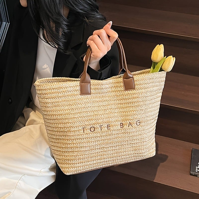 Torba tote od slame s izvezenim slovima, gradski minimalistički stil (materijal: slama; vodoravni kvadratni oblik; magnetsko zatvaranje; unutarnja džep sa zipom)