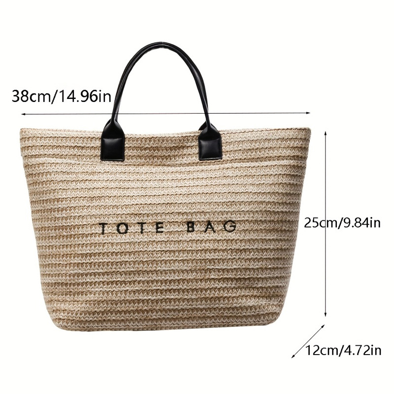 Torba tote od slame s izvezenim slovima, gradski minimalistički stil (materijal: slama; vodoravni kvadratni oblik; magnetsko zatvaranje; unutarnja džep sa zipom)